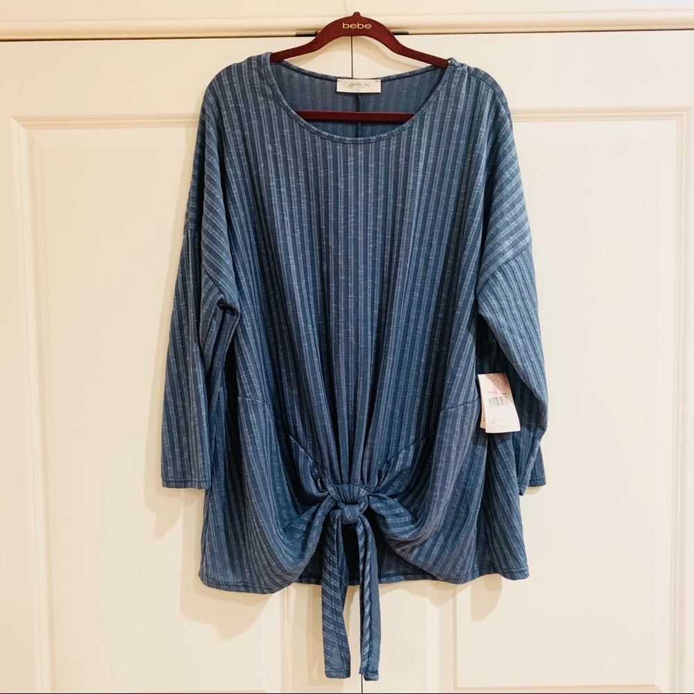 ALTAR’D STATE - BLUE RIBBED TIE FRONT KNIT TOP